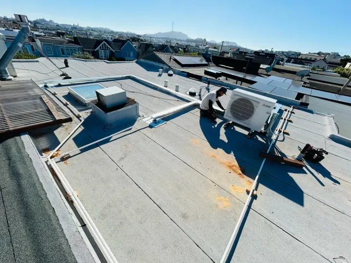 HVAC equipment and piping on a commercial rooftop